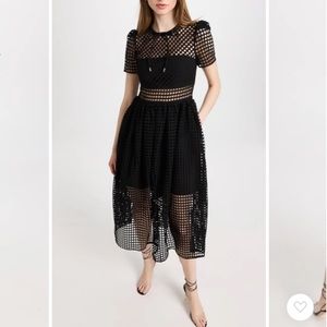 Self Portrait Black Grid Lace Midi Dress